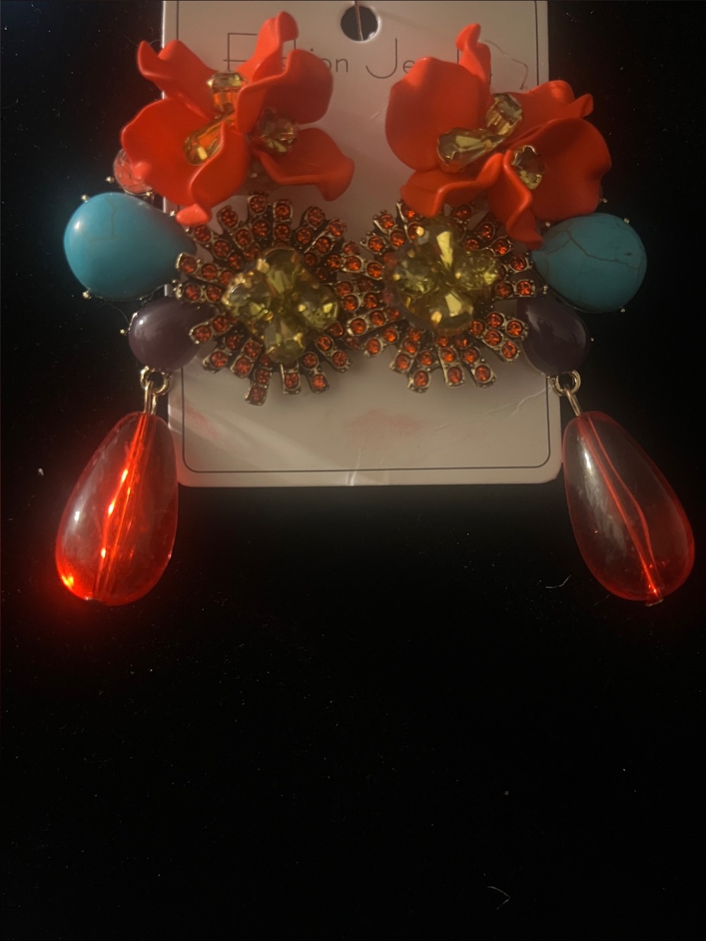 Vibrant Floral Drop Earrings - Orange, Turquoise & Yellow Brown